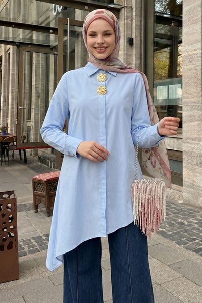 Çift Toka Patlı Bebe Mavisi Asimetrik Tunik