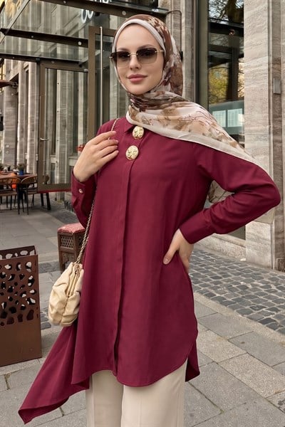 Çift Toka Patlı Bordo Asimetrik Tunik
