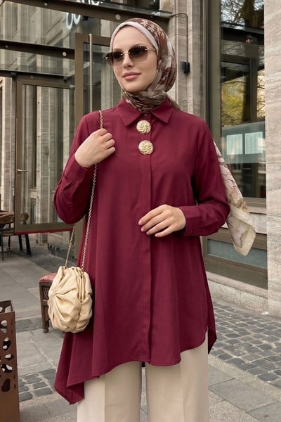 Çift Toka Patlı Bordo Asimetrik Tunik