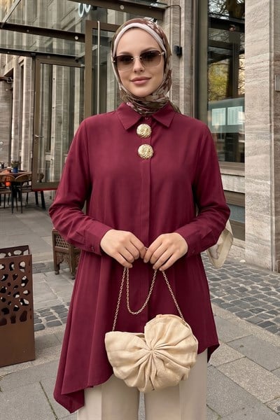 Çift Toka Patlı Bordo Asimetrik Tunik