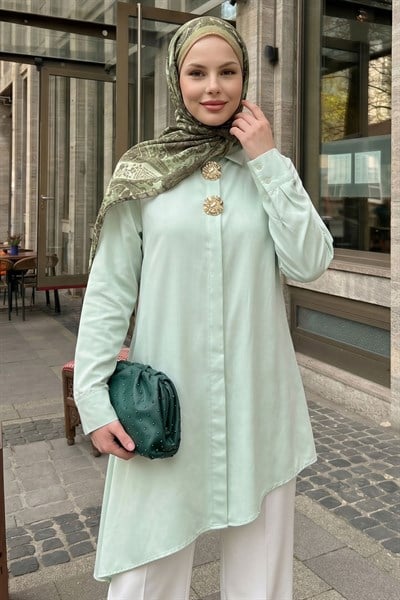 Çift Toka Patlı Mint Yeşili Asimetrik Tunik
