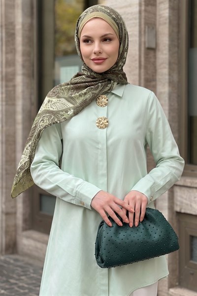 Çift Toka Patlı Mint Yeşili Asimetrik Tunik