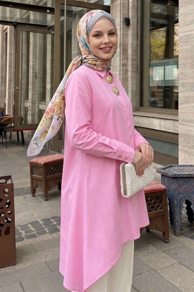 Çift Toka Patlı Pembe Asimetrik Tunik