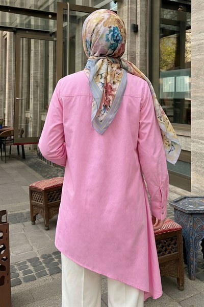 Çift Toka Patlı Pembe Asimetrik Tunik