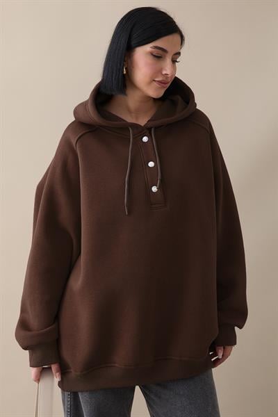 Çıtçıt Yaka Kapüşonlu Acı Kahve Sweat