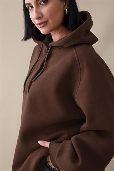 Çıtçıt Yaka Kapüşonlu Acı Kahve Sweat