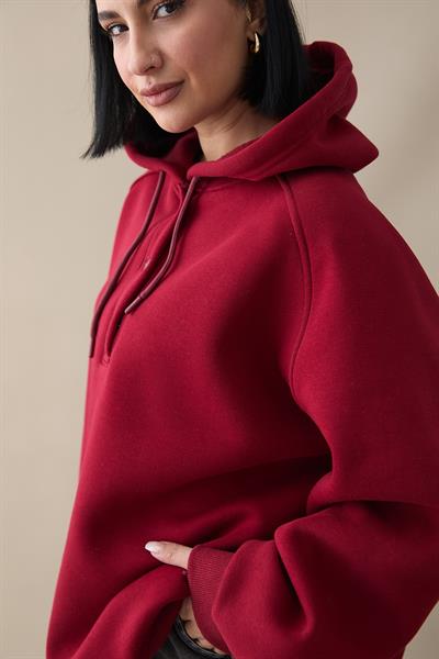 Çıtçıt Yaka Kapüşonlu Bordo Sweat