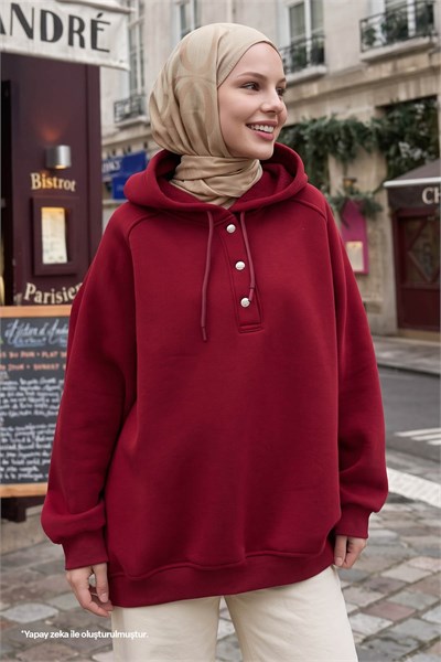 Çıtçıt Yaka Kapüşonlu Bordo Sweat
