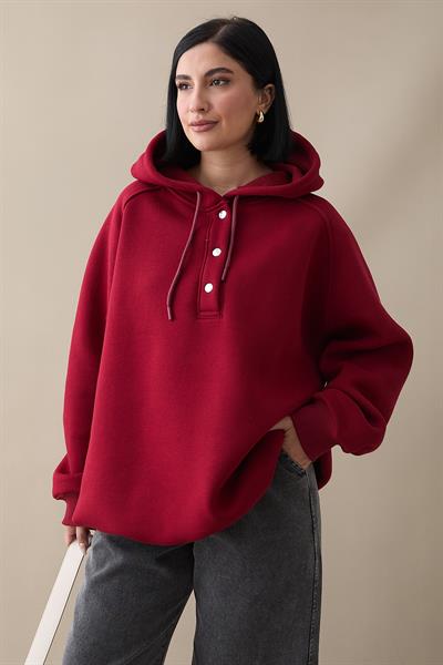 Çıtçıt Yaka Kapüşonlu Bordo Sweat