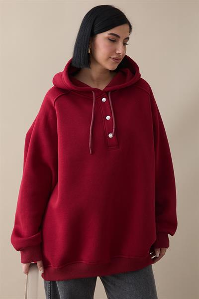 Çıtçıt Yaka Kapüşonlu Bordo Sweat
