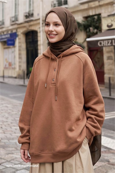 Çıtçıt Yaka Kapüşonlu Camel Sweat