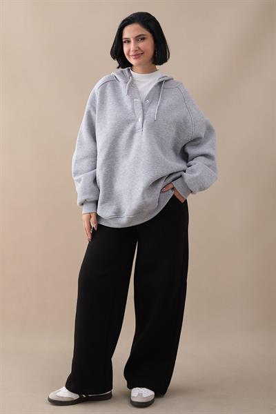 Çıtçıt Yaka Kapüşonlu Gri Sweat