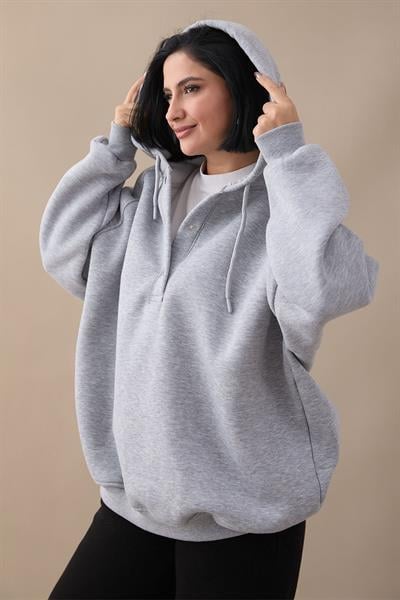 Çıtçıt Yaka Kapüşonlu Gri Sweat