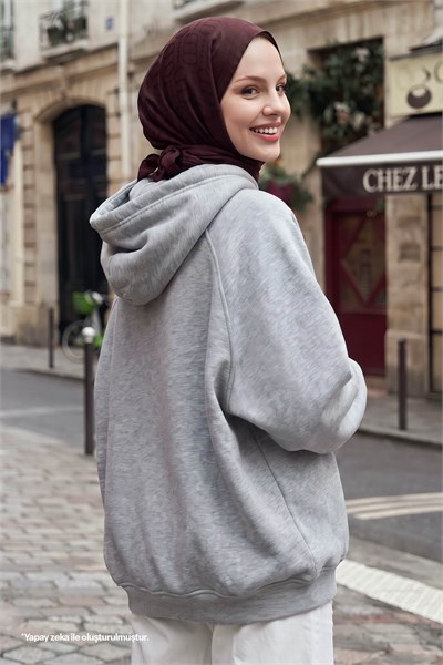 Çıtçıt Yaka Kapüşonlu Gri Sweat