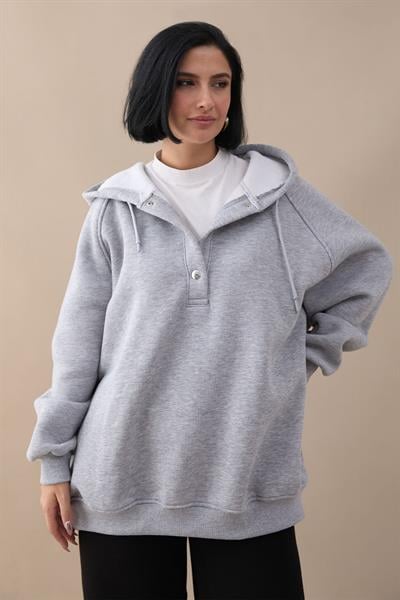 Çıtçıt Yaka Kapüşonlu Gri Sweat