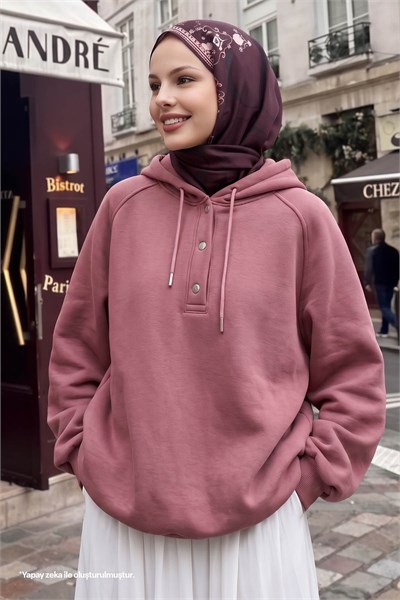 Çıtçıt Yaka Kapüşonlu Gül Kurusu Sweat