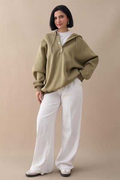 Çıtçıt Yaka Kapüşonlu Haki Sweat