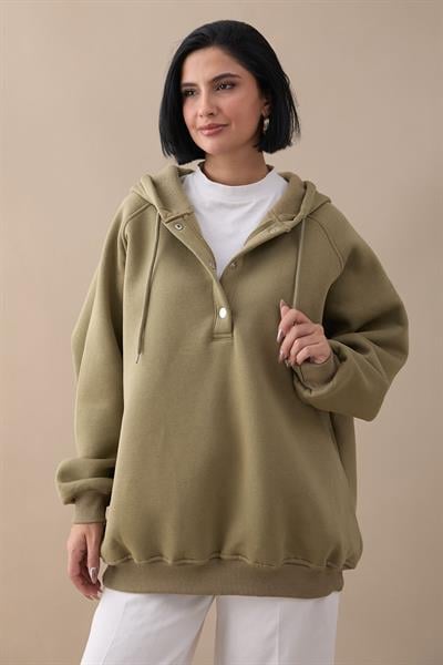 Çıtçıt Yaka Kapüşonlu Haki Sweat