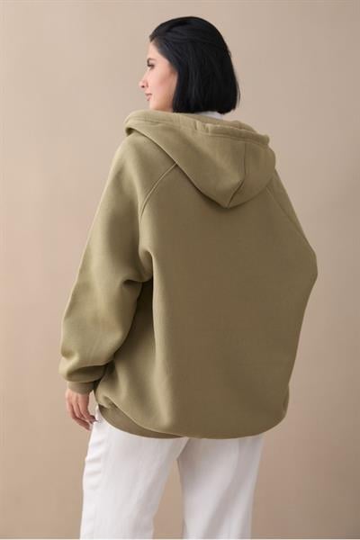 Çıtçıt Yaka Kapüşonlu Haki Sweat
