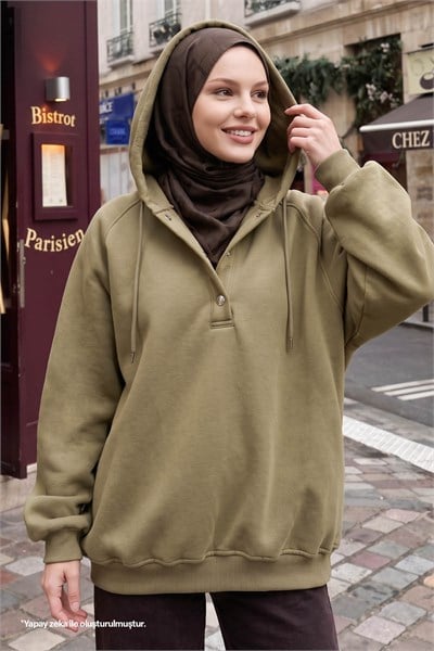Çıtçıt Yaka Kapüşonlu Haki Sweat