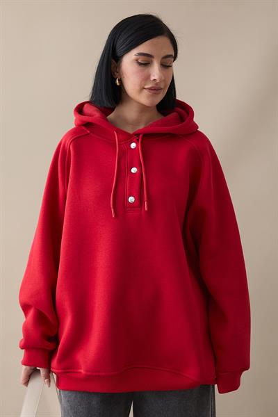 Çıtçıt Yaka Kapüşonlu Kırmızı Sweat