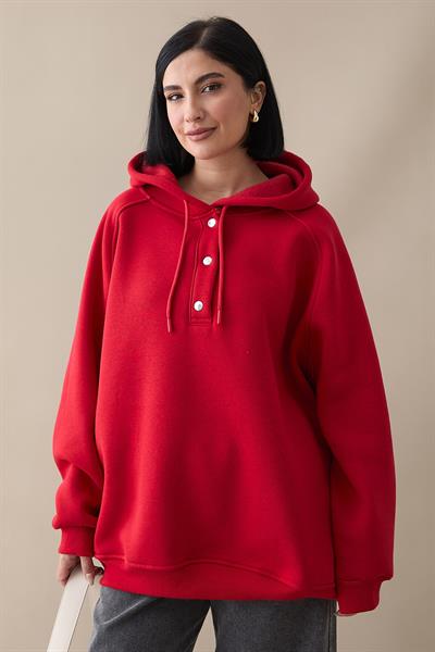 Çıtçıt Yaka Kapüşonlu Kırmızı Sweat