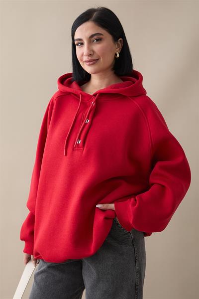 Çıtçıt Yaka Kapüşonlu Kırmızı Sweat