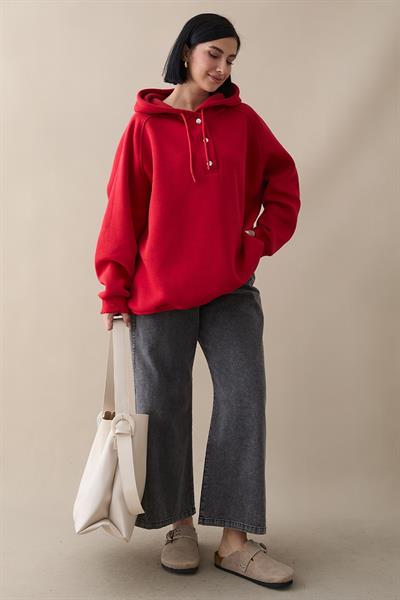 Çıtçıt Yaka Kapüşonlu Kırmızı Sweat