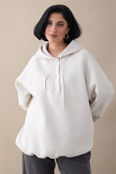 Çıtçıt Yaka Kapüşonlu Krem Sweat