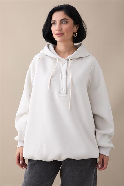 Çıtçıt Yaka Kapüşonlu Krem Sweat