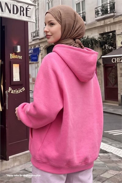 Çıtçıt Yaka Kapüşonlu Pembe Sweat