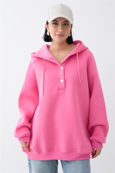 Çıtçıt Yaka Kapüşonlu Pembe Sweat