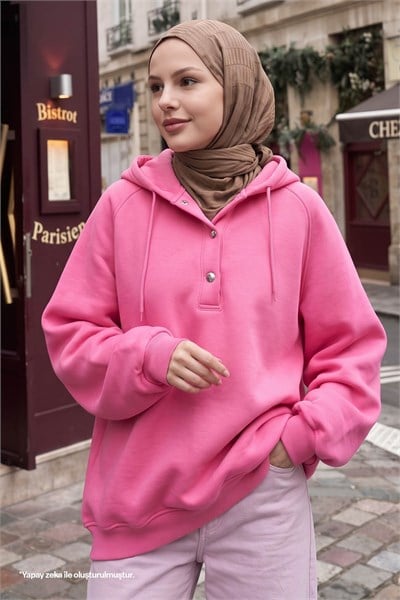 Çıtçıt Yaka Kapüşonlu Pembe Sweat
