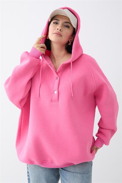 Çıtçıt Yaka Kapüşonlu Pembe Sweat