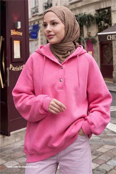 Çıtçıt Yaka Kapüşonlu Pembe Sweat
