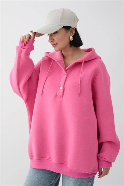 Çıtçıt Yaka Kapüşonlu Pembe Sweat