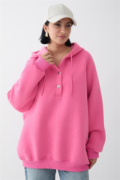 Çıtçıt Yaka Kapüşonlu Pembe Sweat