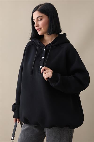 Çıtçıt Yaka Kapüşonlu Siyah Sweat