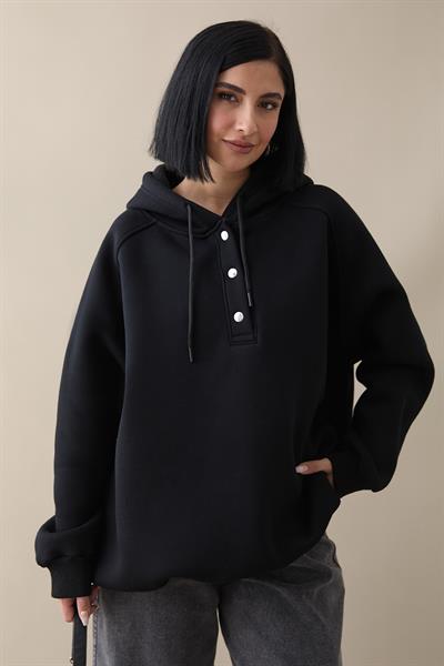 Çıtçıt Yaka Kapüşonlu Siyah Sweat