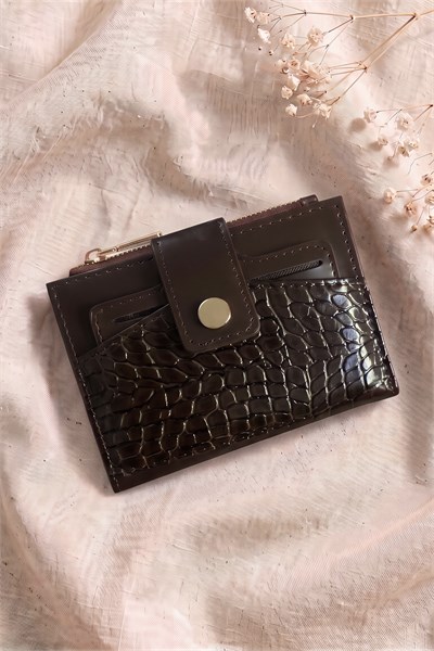 Çıtçıtlı Timsah Desen Acı Kahve Cüzdan