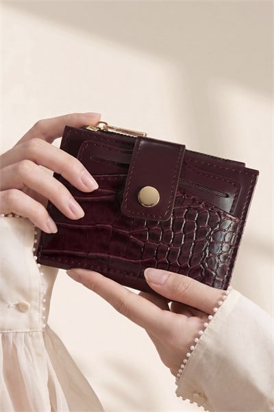 Çıtçıtlı Timsah Desen Bordo Cüzdan