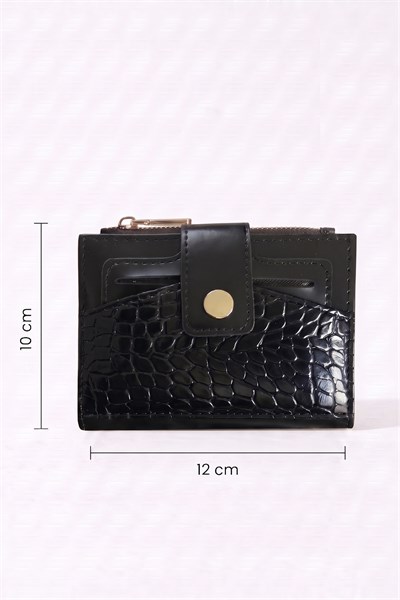 Çıtçıtlı Timsah Desen Siyah Cüzdan
