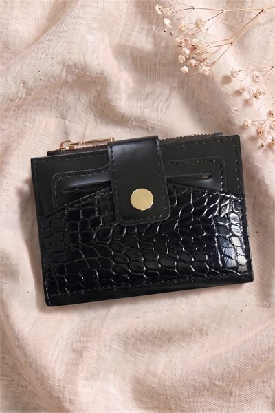 Çıtçıtlı Timsah Desen Siyah Cüzdan