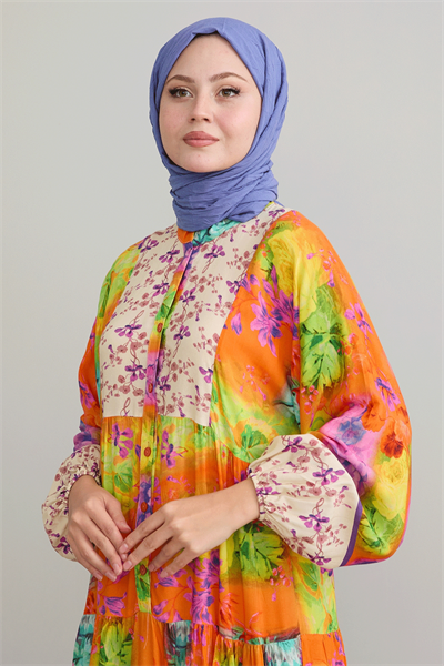 Çıtır Çiçek Detay Oranj Viskon Elbise