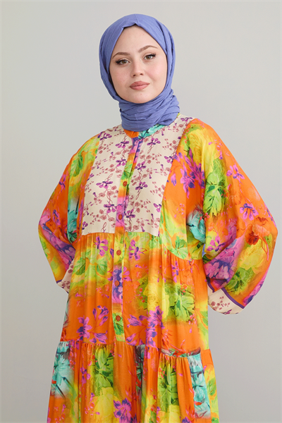 Çıtır Çiçek Detay Oranj Viskon Elbise