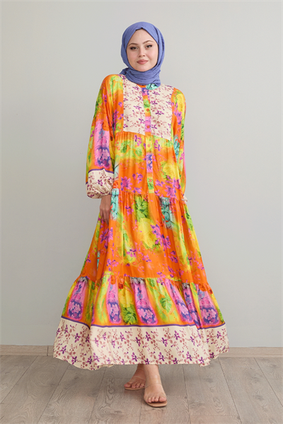 Çıtır Çiçek Detay Oranj Viskon Elbise
