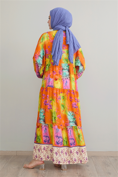 Çıtır Çiçek Detay Oranj Viskon Elbise