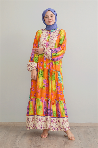 Çıtır Çiçek Detay Oranj Viskon Elbise