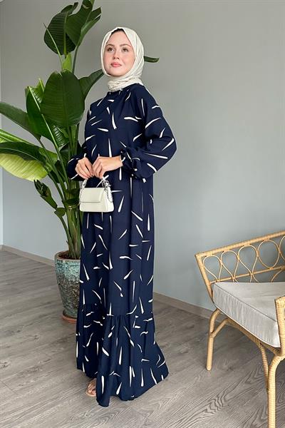 Çıtır Şerit Lacivert Viskon Elbise