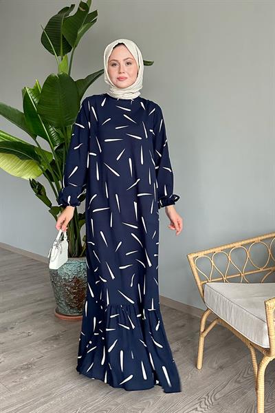 Çıtır Şerit Lacivert Viskon Elbise